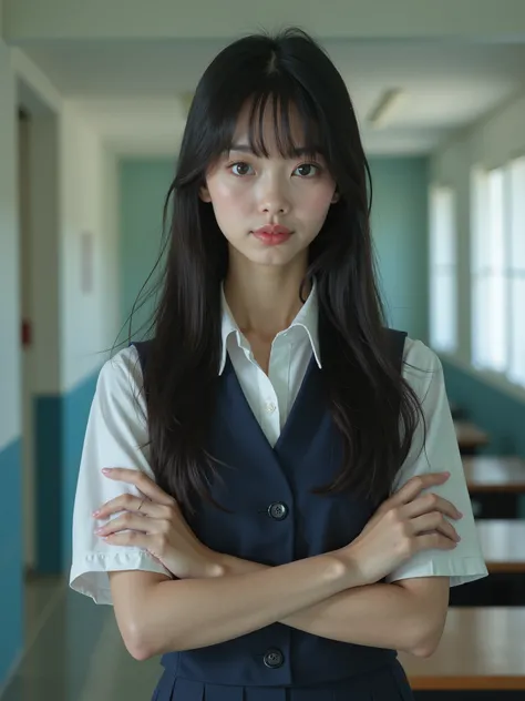 live-action、 Japanese Beautiful Girl、 is wearing a uniform、 standing with arms crossed