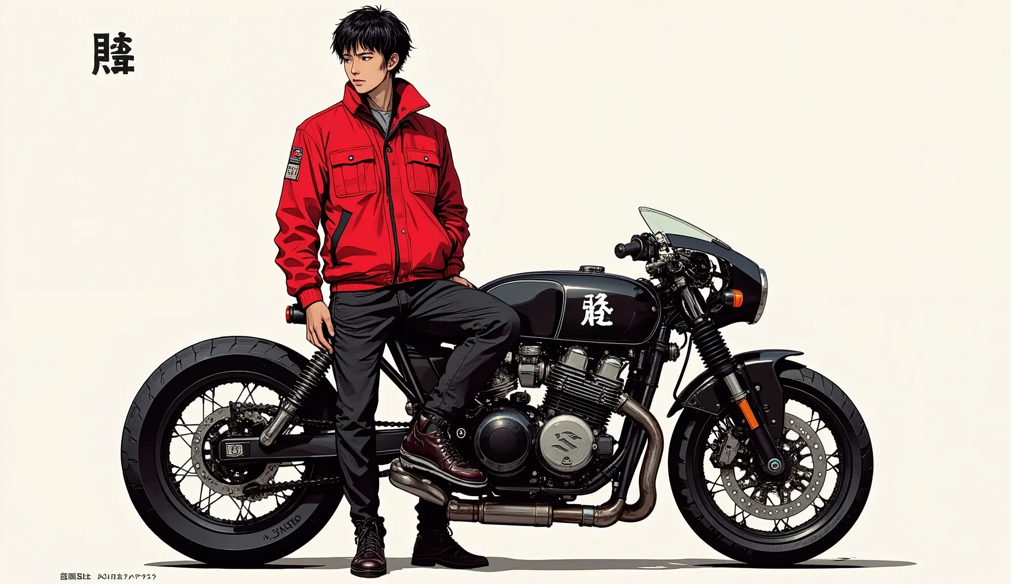 There is a man standing beside a motorbike wearing a red jacket, Album cover inspired by Yoneyama Okada,  Flickr ,  what is it ？, Akira Bike, 、white kanji insignia  , Akira Moto, Akira's motorcycle , Futuristic Suzuki,  Toriyama Akira , Sitting on a motorc...