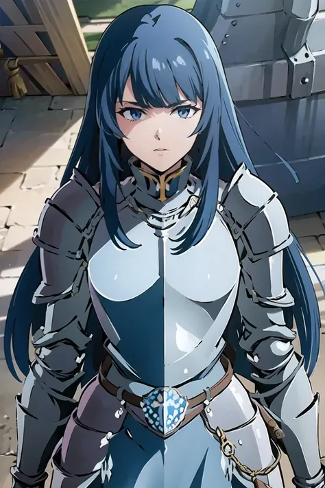 (masterpiece, best quality:1.2), 1girl, solo, adult face, fearless face, blue hair, long hair, blunt bangs, blue eyes, silver armor, blue detachable collar, shoulder armor, belt, pauldrons, breastplate, waist armor, Fauld, arms armor, gauntlets, blue loinc...