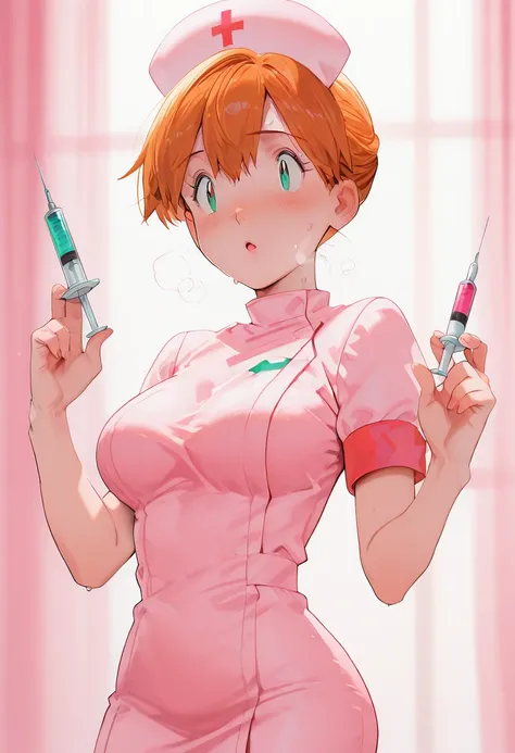 Misty from the Pokemon game wearing a sexy pink nurse outfit with her breasts showing and holding a syringe,  looking like a mischievous face and sweating because of the heat and with heavy breathing.