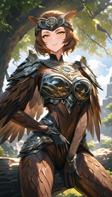 SOLO, A Owl Female ,Perfect body, (Brown short hair, hair ears, hair pulled back),Brown Owl Metal Forehead protector, Yellow eyes, A pair of Brown Owl wings cover her body, Wearing A Brown Owl full-body Metal armor, Squat on a tree trunk, Torogao, seductiv...