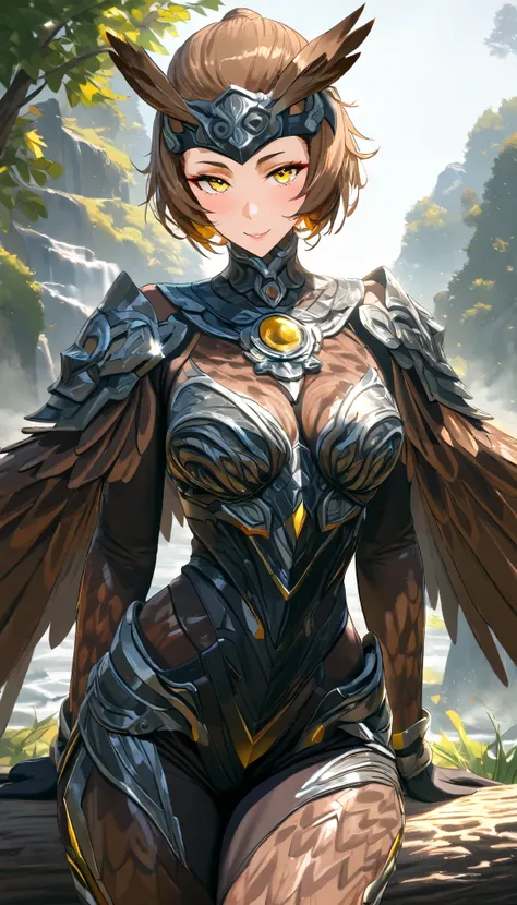 SOLO, A Owl Female ,Perfect body, (Brown short hair, hair ears, hair pulled back),Brown Owl Metal Forehead protector, Yellow eyes, A pair of Brown Owl wings cover her body, Wearing A Brown Owl full-body Metal armor, Squat on a tree trunk, Torogao, seductiv...
