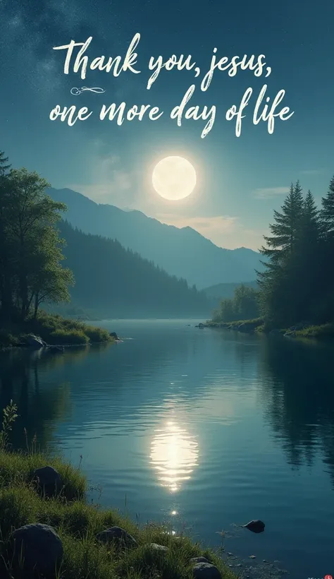 " A serene landscape with a bright moon reflected in a tranquil lake . in the sky, the words 'Thank you , Jesus, For one more day of life' written with an elegant and warm typography."