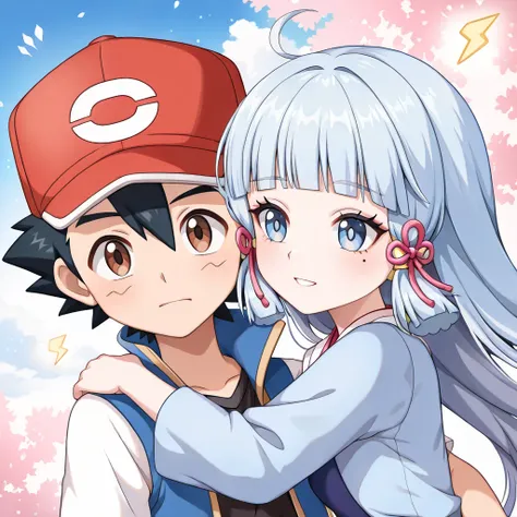 Ayaka Kamisato (Genshin Impact) (( medium female model, pale skin, light silver-blue eyes with sky blue pupils, very light waist-length pale blue hair styled in a hime cut in front, small mole under her left eye)), Ash Ketchum (Pokemon) ((skinny, slender w...