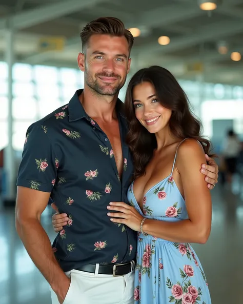 A handsome caucasian man and a gorgeous caucasian model atan airport. Handsome caucasian man James with desirable features, green eyes, short hair, brown hair neatly styled, tall, muscular and athletic physique, wearing a dark Hawaiian shirt, stylish white...