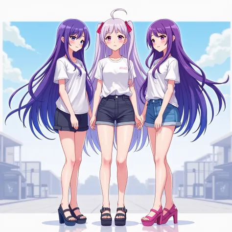 anime girls, 3girls, purple blue long hair, purple eyes, full body, standing, bare legs, t-shirts, , black platform shoes