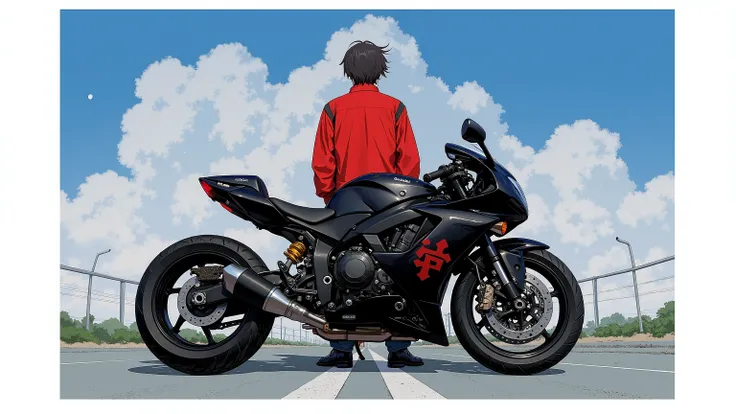 There is a man standing beside a motorbike wearing a red jacket,  album cover inspired by Yoneyama Okada,  Flickr ,  what is it ？, Akira Bike, 、white kanji insignia  , Akira Moto, Akira's motorcycle , Futuristic Suzuki,  Toriyama Akira , Sitting on a motor...