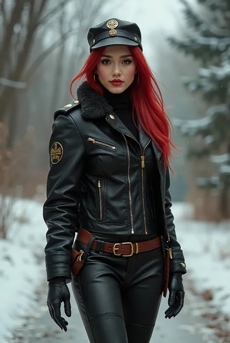 best quality,4k,8k,highres,masterpiece:1.2),ultra-detailed,(Ultra-realistic, photorealistic,photo-realistic:1.37), best quality, highres, 4k, 8k, amazing quality, Photo full portrait of photo real. black and red leather steampunk woman. black and red thigh...