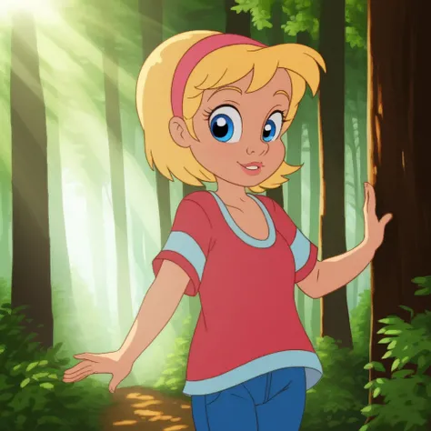 score_9, solo, robyn, blonde hair, hairband, short hair, blue eyes, shirt, jeans, forest, cute, sunlight, shadows, natural lighting