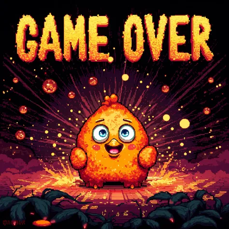 a retro game scene with a chicken as the main character, the character transformed into a fried chicken with the phrase "game over" at the top of the screen