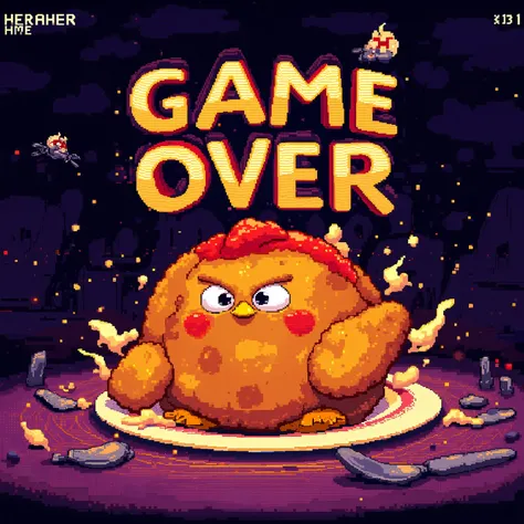 a retro game scene with a chicken as the main character, the character transformed into a fried chicken with the phrase "game over" at the top of the screen