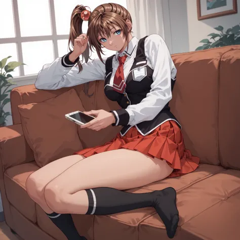  alone, Holding the cell phone
Kurumi Imari,1 ,  brown hair,Side ponytail,hair ornament, blue eyes,
 school uniform, white shirt,love,vest, red tie ,long_Sleeves,
 red skirt,
 tall socks,
 full body,sofa,on_stomach,