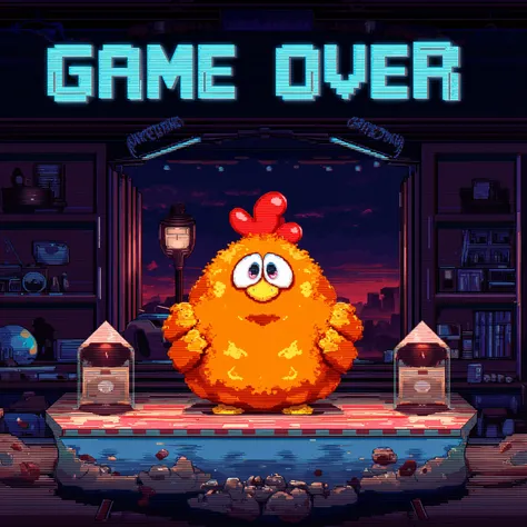 a retro game scene with a chicken as the main character, the character transformed into a fried chicken with the phrase "game over" at the top of the screen