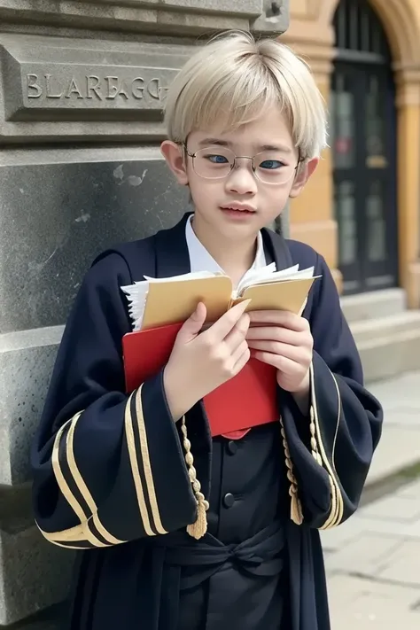 A blue-eyed ager with short blond hair with a fringe covering his eyes, pale skin, wearing a Hogwarts uniform. 