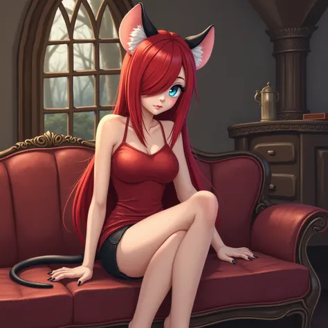 masterpiece, best quality, perfect face, 1girl, Freya crescent, female furry, red hair, Blue Eyes, hair over one eye, Long Straight hair, Big Breast, mouse ears, mouse tail, four toes, claws, in a medieval bedroom, wearing red tank top, black short shorts,...