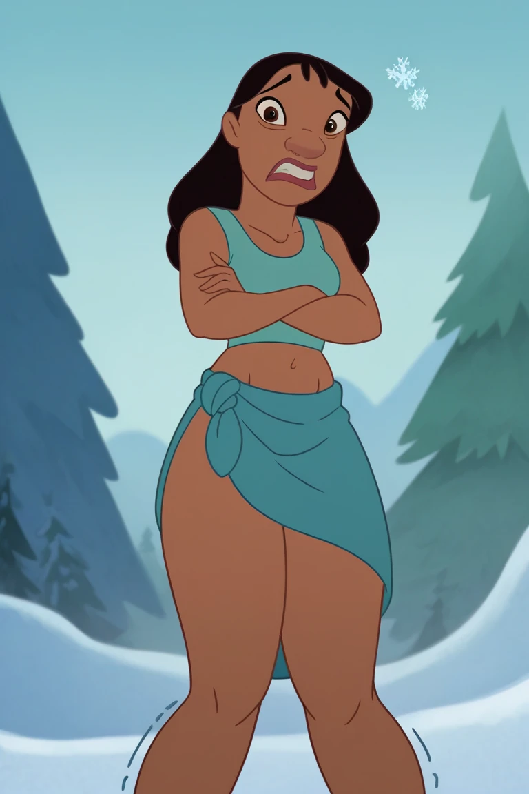 score_9_up, score_8_up, score_7_up, 1girl, solo, n4niP, nani, dark-skinned female, brown eyes, black hair, looking at viewer, sleeveless, turquoise bikini top, short orange sarong, midriff, legs, lips, hips, cold freezing, shivering, shaking, snow, winter,...