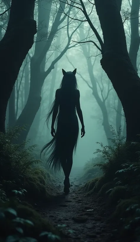 selena,  a human cat with shiny black fur ,  walks cautiously through the Forest of Shadows .