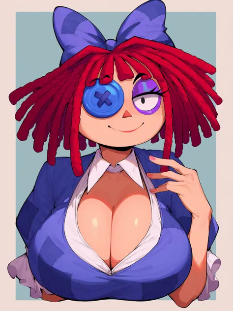 solo ,1girl,rag-doll, red yarn-like hair, flat orange triangular nose, blue button eye and black pupil in actual eye, purple bow in hair, Cleavage,huge juicy breasts, looking at viewer,, score_9, score_8_up, score_7_up,