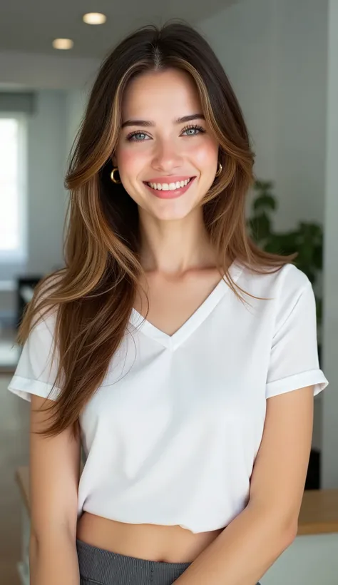 an attractive female assistant about 24 years old, blue eyes, brown hair, bright smile, short-sleeved white shirt, skirt.