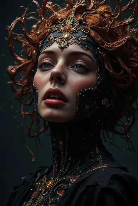 famous masterwork portrait painting of a beautiful woman, highly aesthetic, stunning, hyper-realistic, photo-realistic, ultra detailed, high resolution, uhd, 8k, 4k, epic, dramatic, accurate, symmetrical composition, at night, dim lighting, as our crowns b...