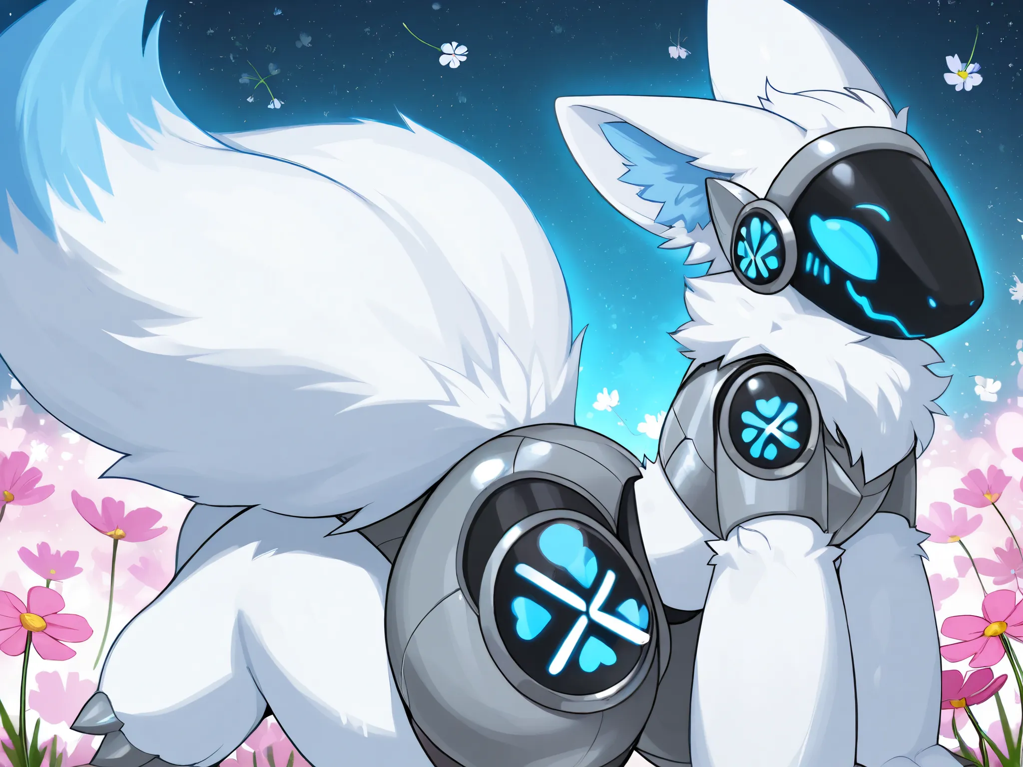 Protogen, white wool is gone,the body is very fluffy,emits blue light,two big tails,large pointy ears,Cosmos background,4K,