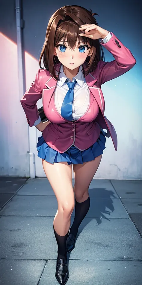   1 female,  high definition,  High resolution ,    ultra-realistic    ,8K, aamazaki, ( capillary antenna :1.2),  blue tie,blue eyes, (  pink jacket), blazer,   Long Sleeves Leather , blue skirt,   Skinny skirt  ,   miniskirt,  black shoes,  big breasts,Eu...