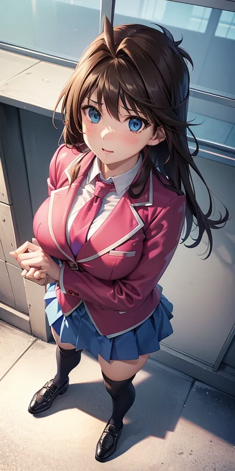   1 female,  high definition,  High resolution ,    ultra-realistic    ,8K, aamazaki, ( capillary antenna :1.2),  blue tie,blue eyes, (  pink jacket), blazer,   Long Sleeves Leather , blue skirt,   Skinny skirt  ,   miniskirt,  black shoes,  big breasts,Eu...