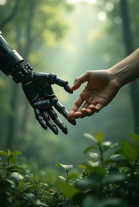 Create two hands, one that is robotic and one that is human, where your index fingers are being touched, as in the fallen angel, also add vegetation or something related to biology, also add something related to sociology and please have ren because your m...