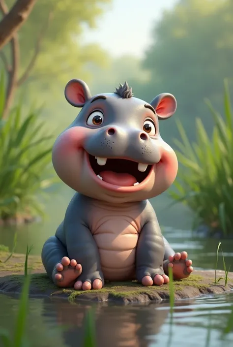 Hippopotamus baby who is smiling and sitting