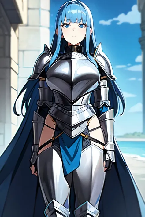 (masterpiece, best quality:1.2), 1girl, solo, adult face, fearless face, blue hair, long hair, blunt bangs, blue eyes, (((silver plate armor))), blue detachable collar, shoulder armor, belt, pauldrons, breastplate, waist armor, Fauld, arms armor, gauntlets...