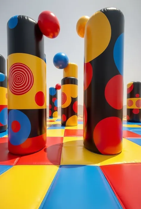 A series of innovative inflatable boxing columns designed for children, each featuring fun and dynamic shapes. The columns should combine a variety of geometric forms like cylinders, cubes, and spheres, creating playful and engaging designs. Some designs c...