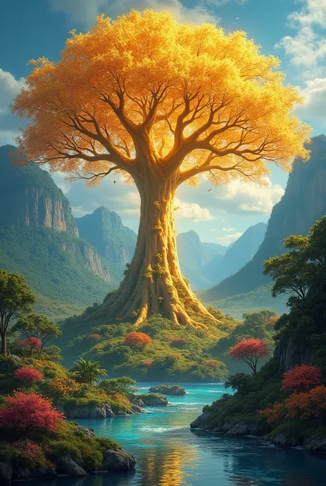  A paradise landscape with a gold-colored tree of life in the center, surrounded by neon colors 