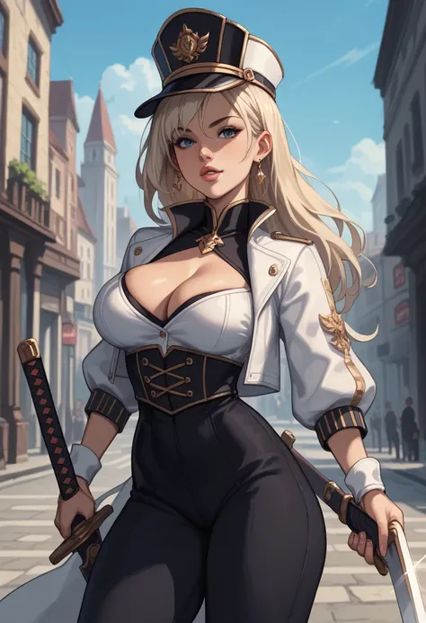 (Masterpeace,  high quality, High resolution,),  Female, sexy, alluring anime woman, round breasts, white long hair, wearing a french kepi hat, cropped white open jacket, low neckline top, cleavage, black high waist pants, wielding a sword, fantasy city ba...