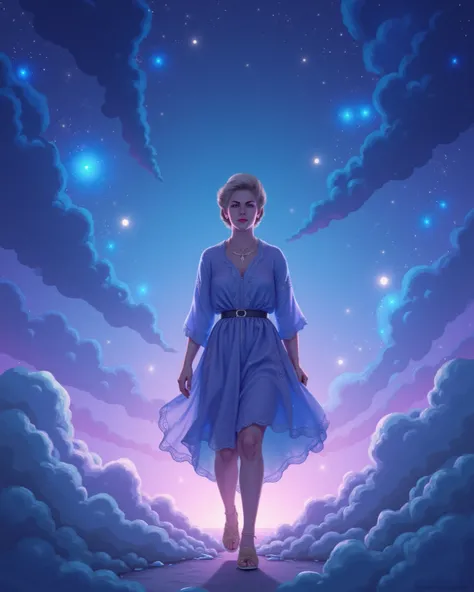 Woman entering the sky.  short hair.