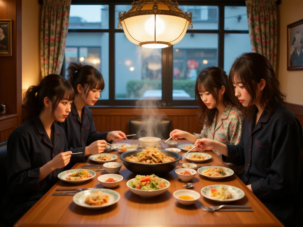 ((top quality)), ((ultra realistic photo)), ((masterpiece)), (Details), in japan, in japanese restaurant, 4 office persons, 
 man and woman, sitting around the table, eating sukiyaki, extreme close-up table