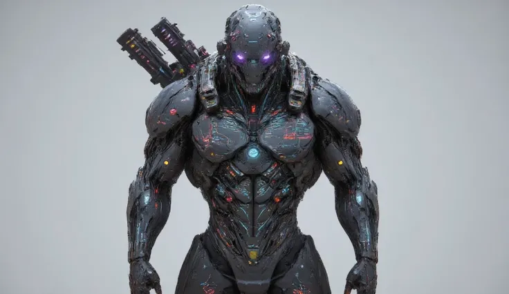 (8K Resolution) Male, with synthetic skin, full body, highly detailed circuit tattoos, back equipped with missile launcher, muscular body, bright neon eyes, plain background