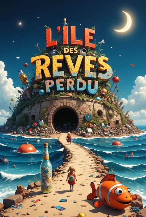A highly detailed, playful, whimsical, vibrant, fantastic, cool and fanciful illustration of a movie poster featuring the title “L'ÎLE des REVES PERDUS” made in recycled waste and trash damaged 3D letters in a grunge, gross, cartoon and funny ish font, thi...