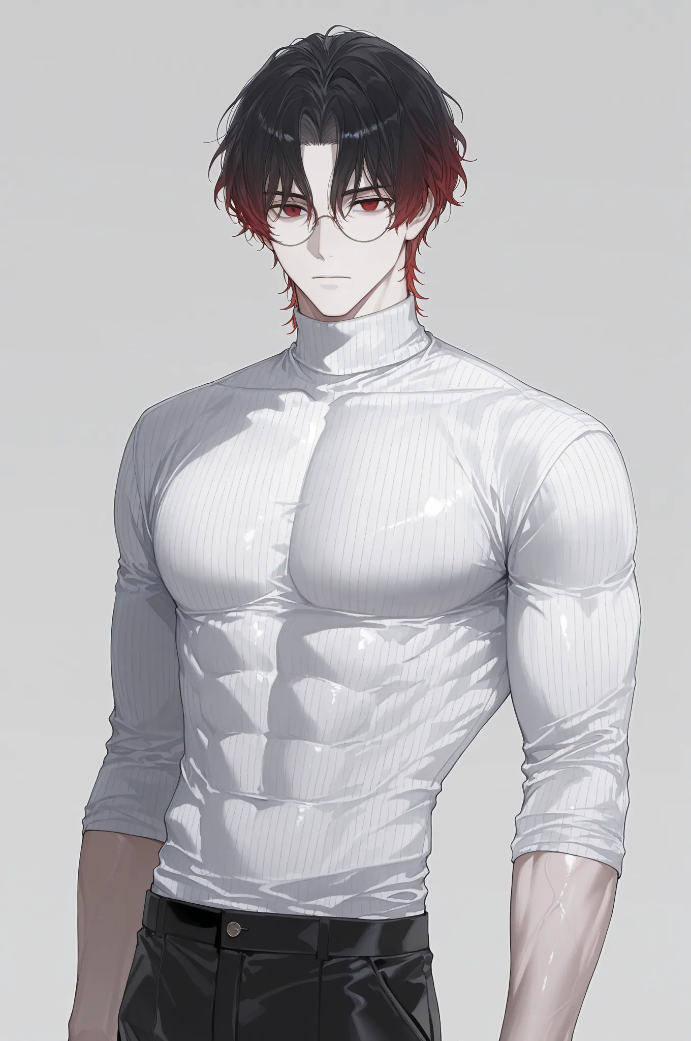 suou (sdurorhr), ningen mame, (ciloranko:0.7), 1boy, male focus, gradient hair, black hair, red hair, short hair, curtained hair, middle part, long bangs, wavy hair, red eyes, empty eyes, round glasses, closed mouth, pale skin, ((muscular)), handsome, seri...