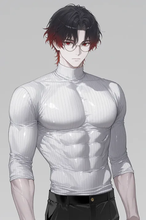 suou (sdurorhr), ningen mame, (ciloranko:0.7), 1boy, male focus, gradient hair, black hair, red hair, short hair, curtained hair, middle part, long bangs, wavy hair, red eyes, empty eyes, round glasses, closed mouth, pale skin, ((muscular)), handsome, seri...