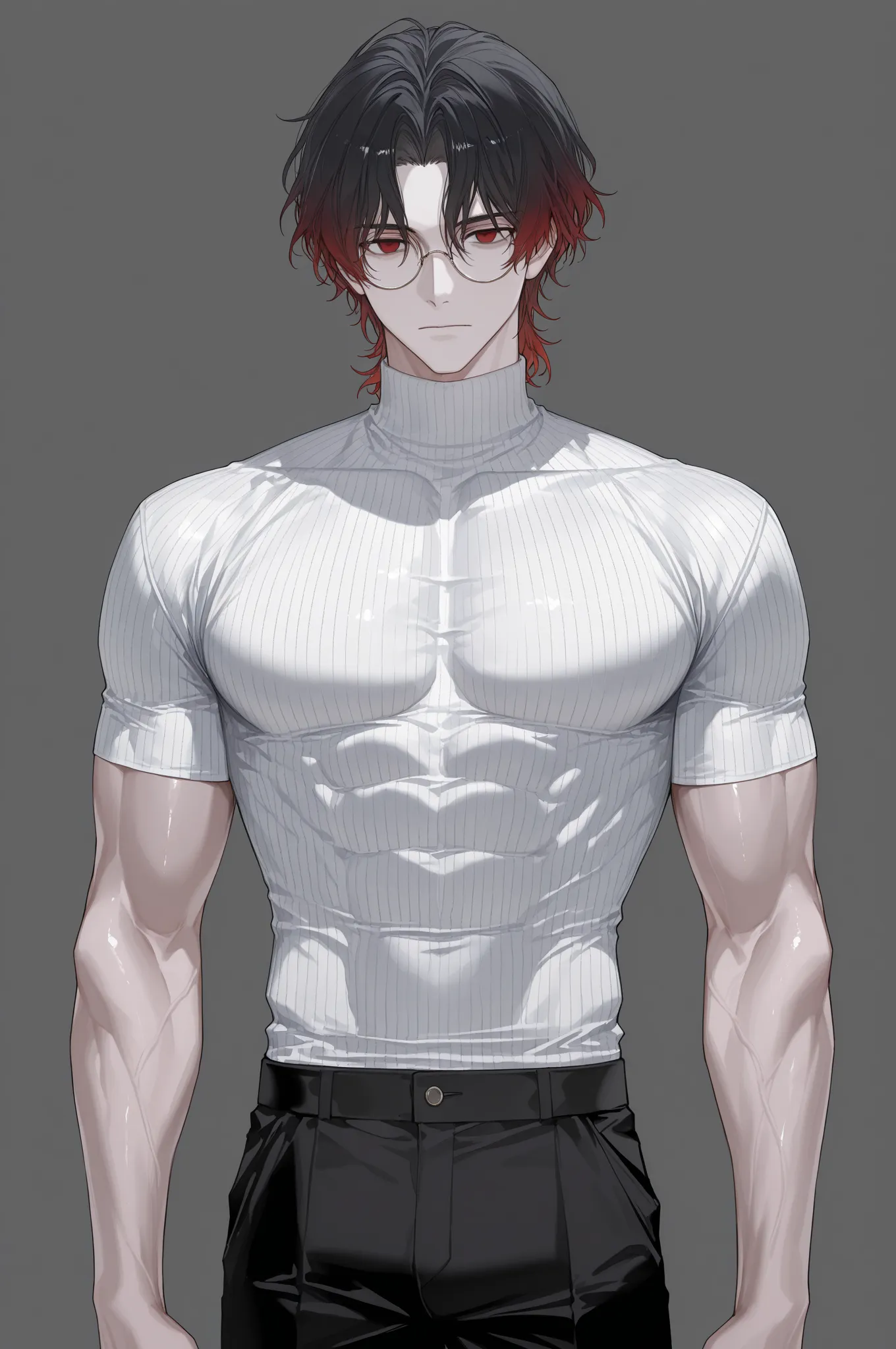 suou (sdurorhr), ningen mame, (ciloranko:0.7), 1boy, male focus, gradient hair, black hair, red hair, short hair, curtained hair, middle part, long bangs, wavy hair, red eyes, empty eyes, round glasses, closed mouth, pale skin, ((muscular)), handsome, seri...