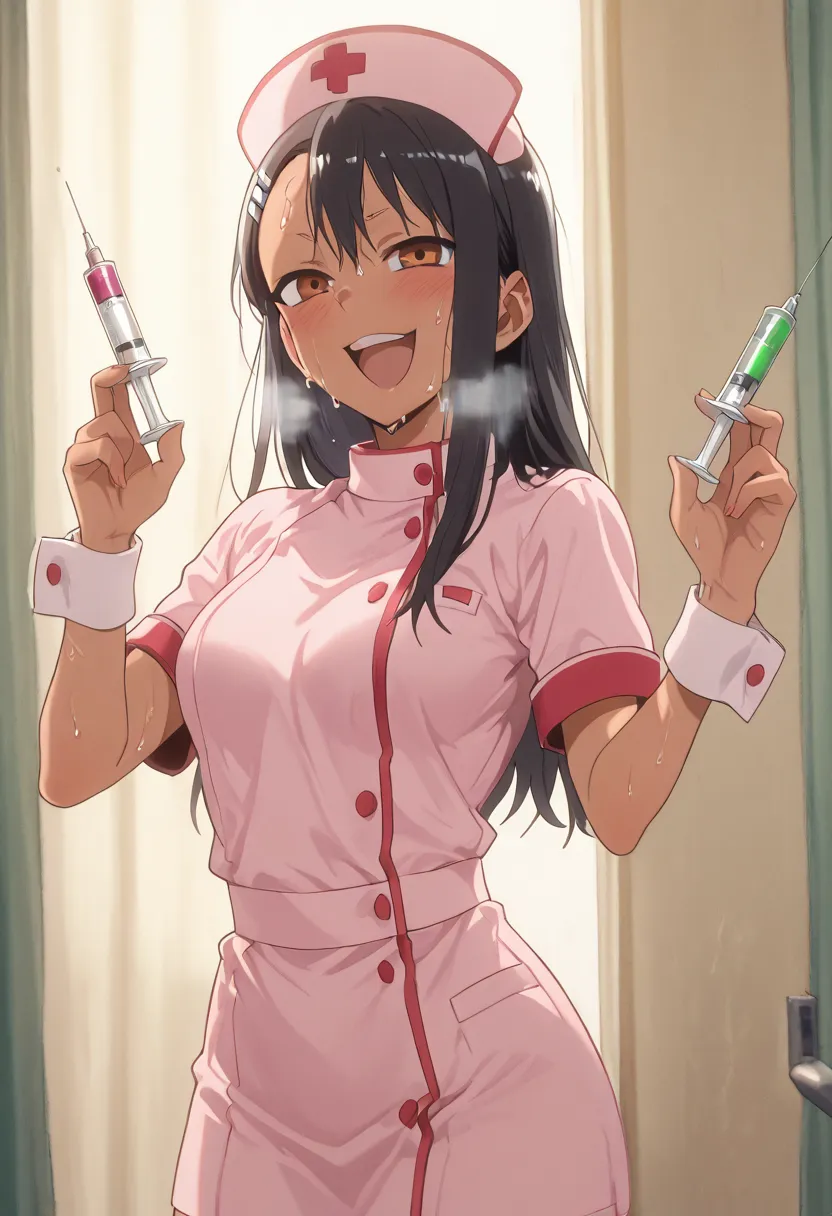 Hayse Nagatoro from the anime please don't bully my miss Nagatoro wearing a sexy pink nurse outfit with her breasts showing and holding a syringe,  looking like a mischievous face and sweating because of the heat and with heavy breathing.