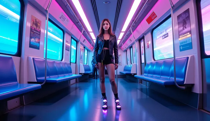 Setting: A high-tech underground train with floating seats and neon-blue and purple LED strips running along the ceiling and floor.
Lighting: The windows reveal a glowing tunnel with streaks of neon lights, creating a mesmerizing motion effect as the trai...