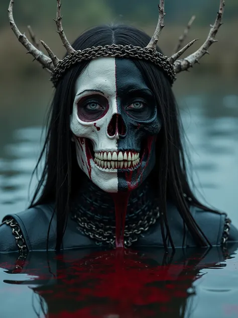 Beautiful Female cosmic entity  bone crown,l,half skull half beautiful female Face,barb wire wrapped around her,spilled with red and black fluid,dark makeup,dark surrealism,dark realistic photography, dark occult art,melancholic dark art, surreal dark art,...