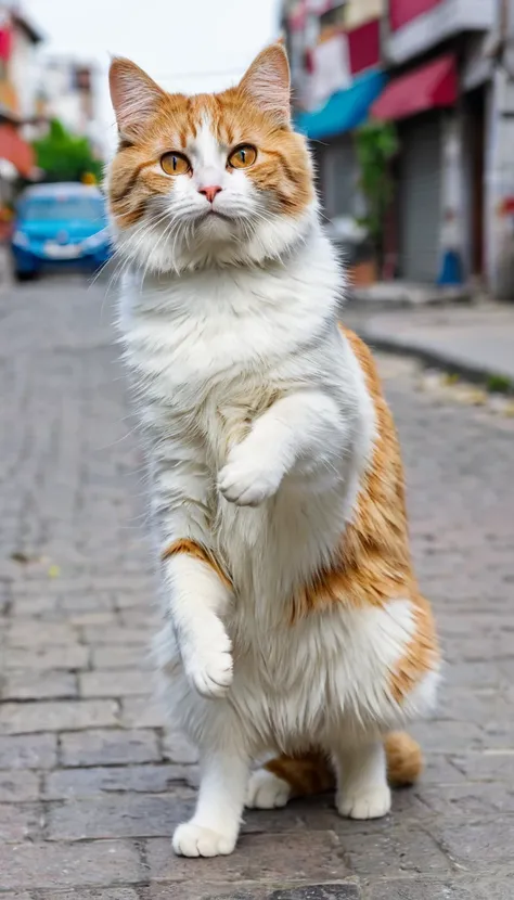 the is a cat in the street, cat stands on two legs , front angle, far angle, ragamuffin, cat looking at us, high quality, high detail, high resolution