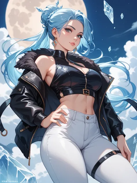  Background- a cloudy full moon night ,  with modern houses in the background .
 Character- a fair-skinned girl ,  ash-colored hair , slightly thin hips , breasts size b ,  long hair up to her lower back ,  dark honey-colored eyes , He is wearing a black l...