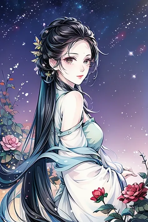 👧💋💋💖😊🌹   free drawing style full of peace and harmony 、Perfect face 、 smiles、 slit eyes、Wild flowers in the grassland 、Night Sky、 starry sky 、Large tree with green branches and leaves 、 perfect style 、 perfect art 、 high definition、