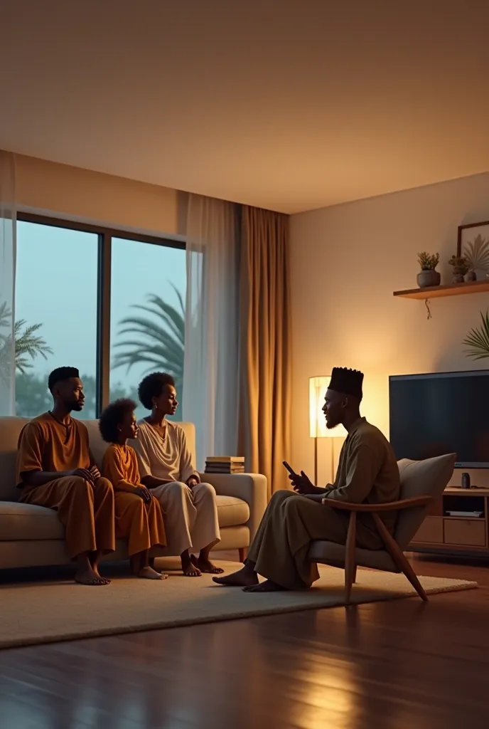  PERSPECTIVE D UN SALON  COMTEMPORAIN OU UNE FAMILLE  AFRICAIN EST ASSIS AU  DEVANT LA TELE AVEC LE  PERE SUR UNE CHAISE D APPOINT ET LES AUTRES DANS LE SOFA