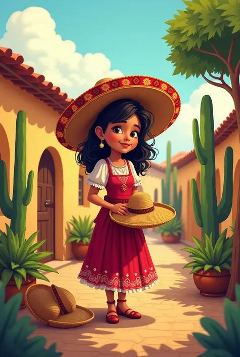 cartoon girl in mexican dress making straw hats in a village, a storybook illustration by Ric Nagualero, trending on polycount, process art, mexican folklore, wearing sombrero, stylized digital illustration, colorful illustration, folkloric illustration, m...