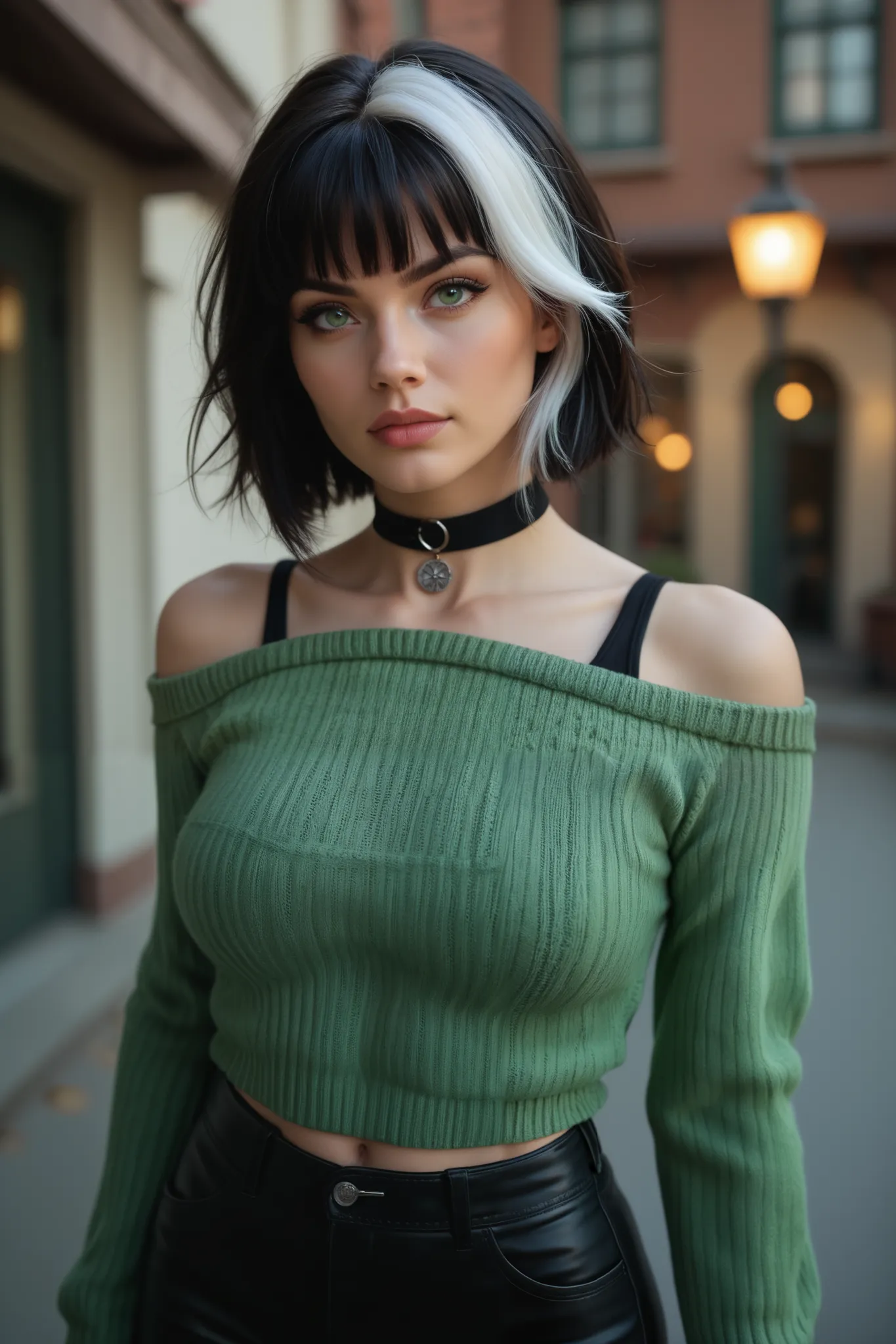 rogue (x-men), masterpiece, best quality, cowboy shot, 1girl, solo, short black hair, white highlights on hair,sweater, choker, black pants, green sweater, bangs, see-through sweater, black tank top,8k Ultra HD detailed photograph. 