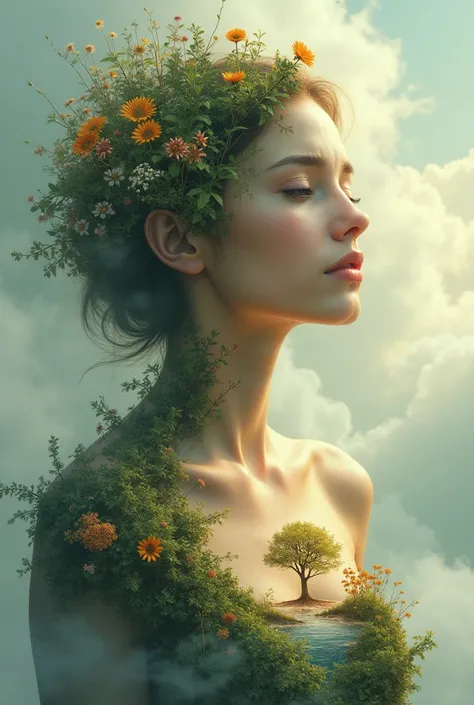  Surreal and poetic representation of Mother Earth as an ethereal woman ,  with a delicate and heavenly aspect ,  that symbolizes the connection between nature and environmental pollution .  The image must convey sadness and at the same time .soft face,  s...